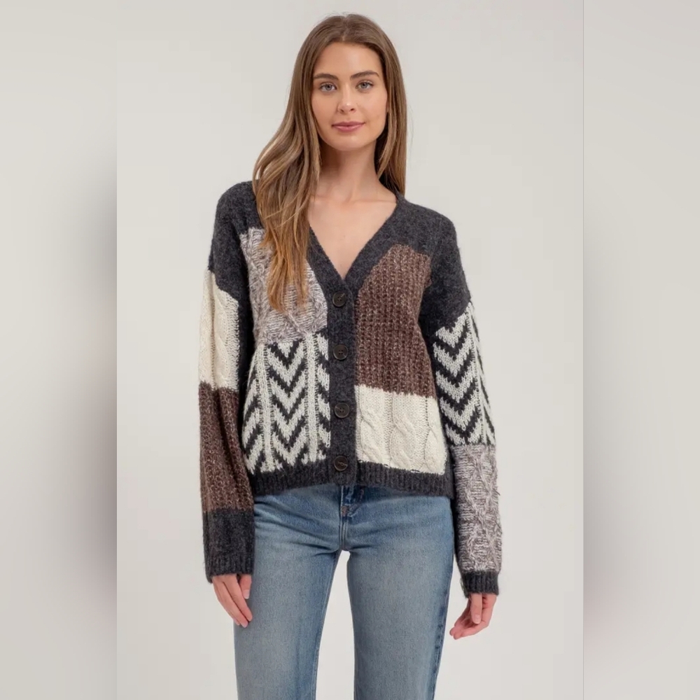 V Neck Patchwork Cable Knit Cardigan - image 2